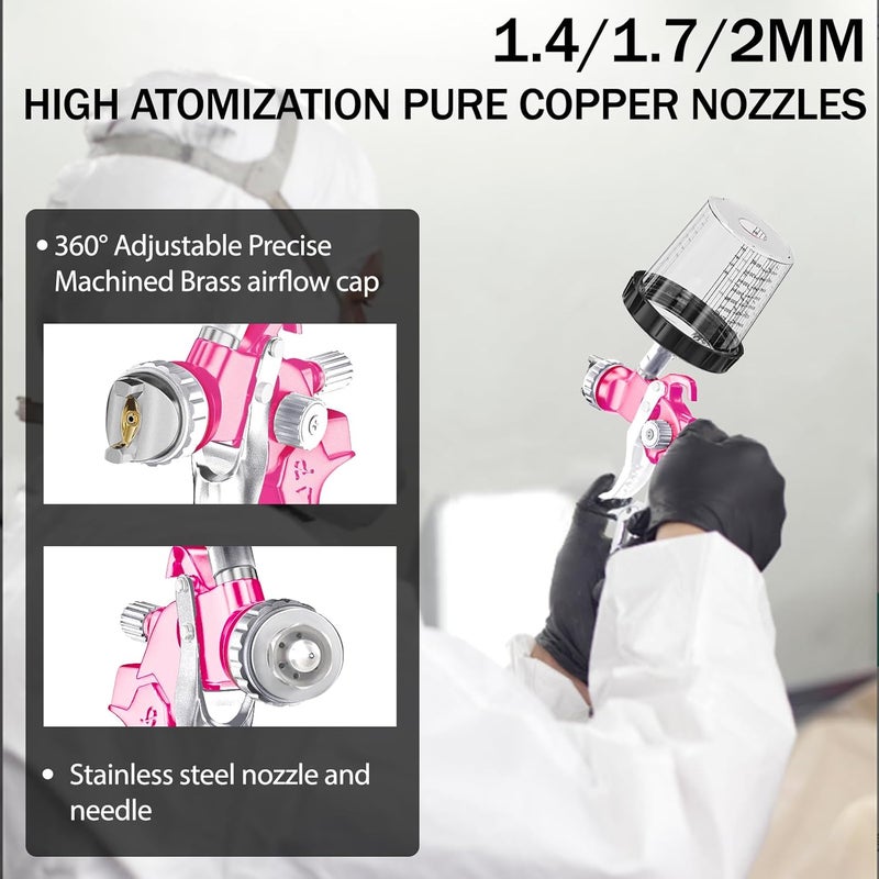 GATTLELIC HVLP Air Spray Gun with 1.4/1.7/2mm Nozzles & Air Compressor Regulator, Air Spray Paint Gun w/10pcs 600cc Mixing Cup and Lids, Automotive Paint Sprayer for Car, House Painting, Furniture (Pink) - Image 4